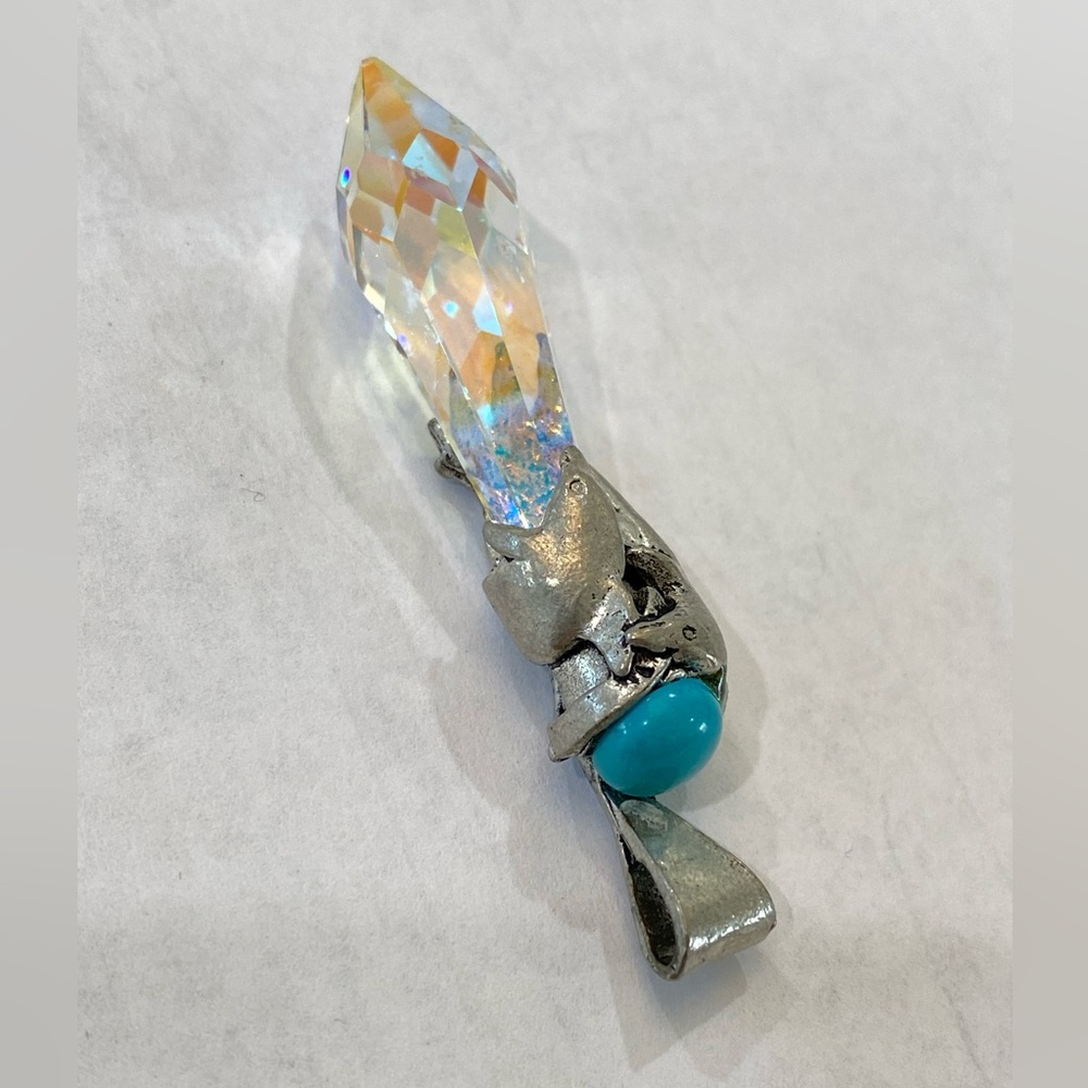 Silver Quartz Crystal Turquoise Pendant Necklace dolphins vintage signed - Picture 6 of 14